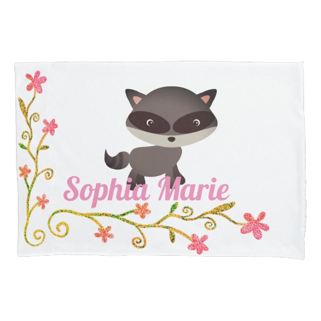 Housse D'oreillers Bébé mignon Raccoon avec fleurs (devant)