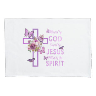 Housse D'oreillers Béni par Dieu sauvé par Jésus Croix Florale pourpr