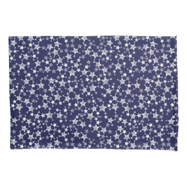 Housse D'oreillers Blanc sur bleu nuit | Motif d'étoiles d'impression (devant-gauche)