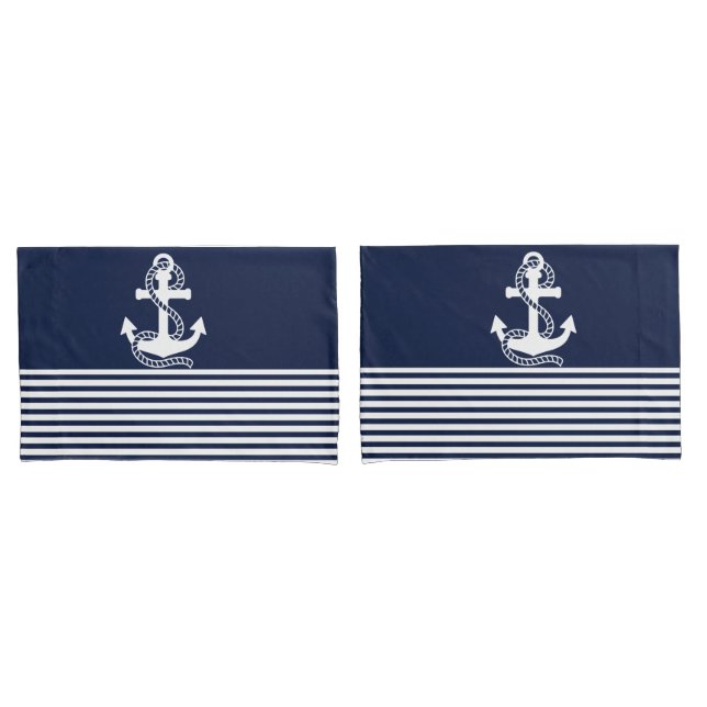 Housse D'oreillers Bleu bleu marine Blancs et Ancre blanche (devant-Set)