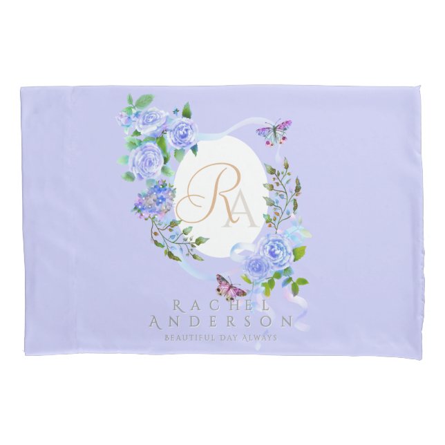 Housse D'oreillers Bleu Rose ruban violet (devant)