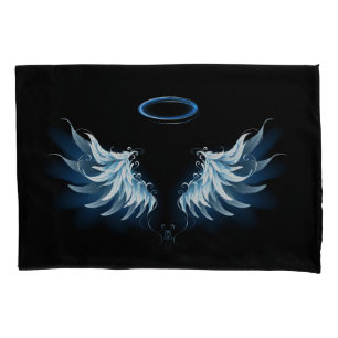 Housse D'oreillers Blue Glowing Angel Wings on black background