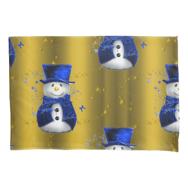 Housse D'oreillers Blue Snowman sur Gold Christmas (devant)