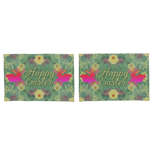 Housse D'oreillers Bonne Pâques avec Bunnies Floral Green (devant-Set)
