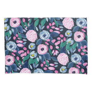 Housse D'oreillers Bouquet d'aquarelle bleu marine rose