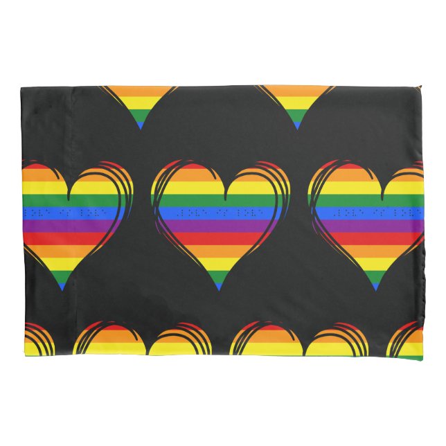 Housse D'oreillers Braille "L'amour est amour" Coeur arc-en-ciel (devant)