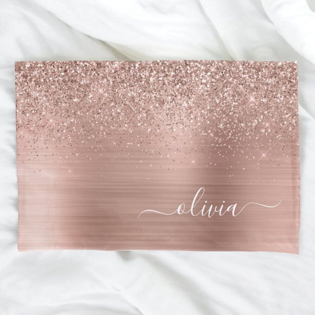 Housse D'oreillers Brushed metal rose Gold Pink Glitter Monogram (Créateur téléchargé)