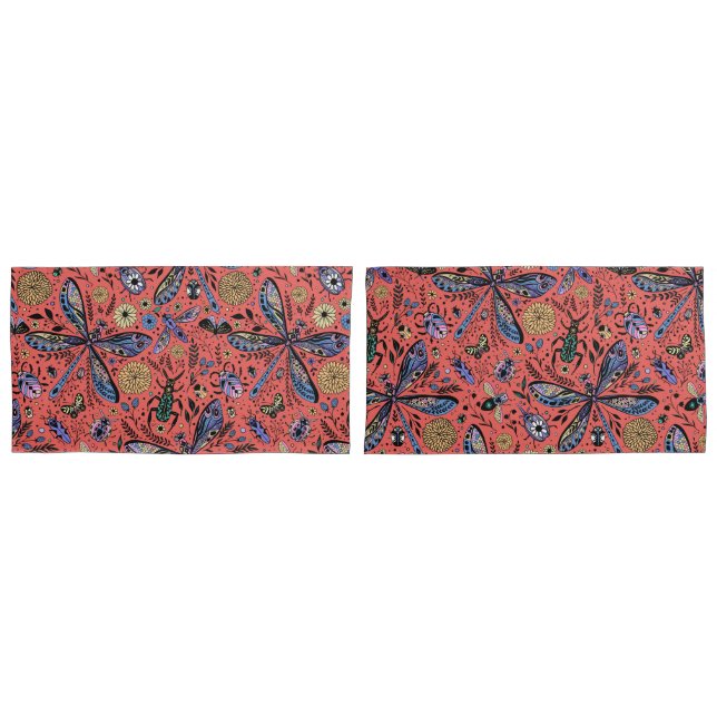 Housse D'oreillers Bugs de Doodle sur corail rouge (devant-Set)