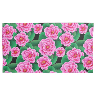 Housse D'oreillers Camellias rose Fuchsia et Feuilles verts Jade
