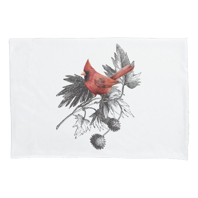 Housse D'oreillers Cardinal rouge sur branche noire et blanche (devant-gauche)