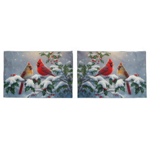 Housse D'oreillers Cardinaux rouges et Holly en neige