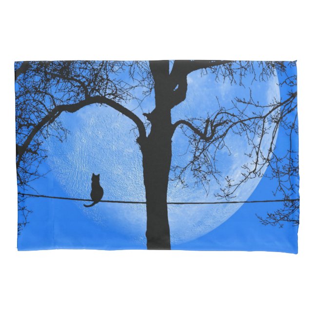 Housse D'oreillers Chat sur une lune bleue fil (devant)