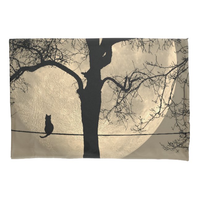 Housse D'oreillers Chat sur une Pleine lune de fil (devant)