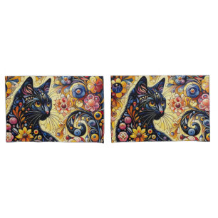 Housse D'oreillers Chat Whimsical Noir Abstrait peinture florale Art