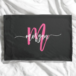 Housse D'oreillers Chaud rose noir moderne Script Girl Monogramme Nom