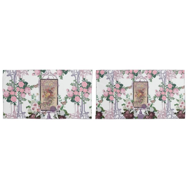 Housse D'oreillers chic français, rustique campagnard, motif floral,  (devant-Set)