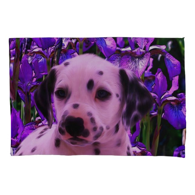 Housse D'oreillers Chiot dalmate Iris Fleurs de Chien Art (devant)