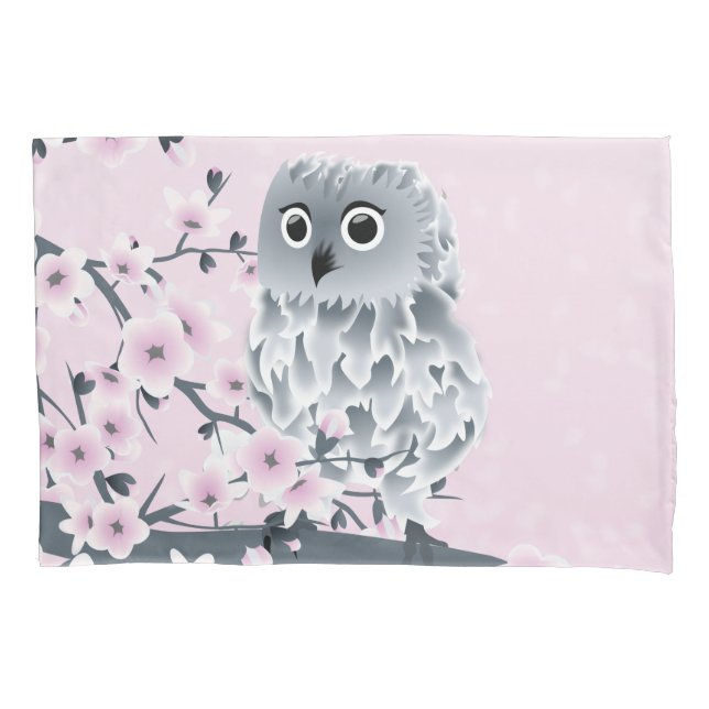 Housse D'oreillers Chouette Et Fleurs De Cerisiers Gris Rose (devant)