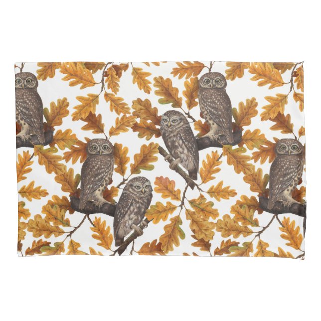 Housse D'oreillers Chouettes d'automne sur coton blanc (devant-gauche)