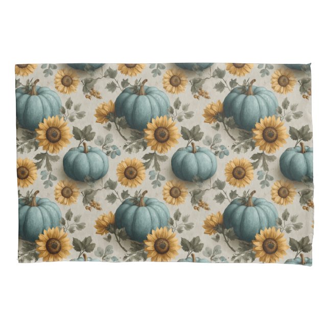 Housse D'oreillers Citrouilles turquoises et tournesols d'or (devant)