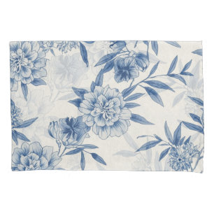 Housse D'oreillers Classique motif toile fleurie bleu aquarelle blanc