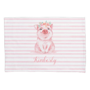 Housse D'oreillers Cochon à l'aquarelle mignon avec des rayures roses