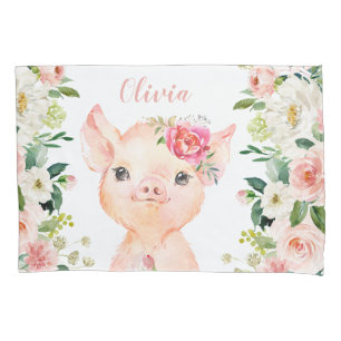 Housse D'oreillers Cochon mignon aux fleurs roses blanches