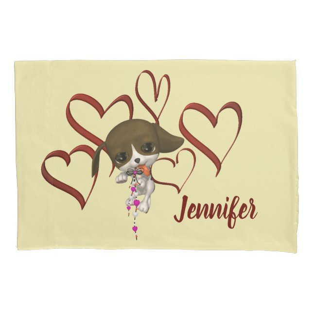 Housse D'oreillers Coeurs rouges Chiot Cute Personnalisé (devant)