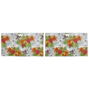 Housse D'oreillers Colibris et bouquet tropical