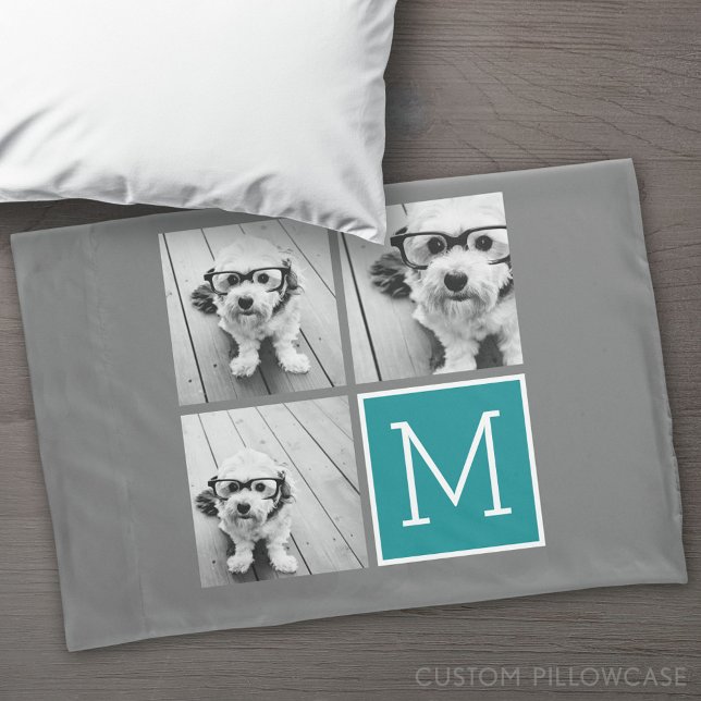 Housse D'oreillers Collage de photos gris et Turquoise Monogramme (Custom Pillowcase)