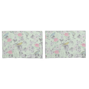 Housse D'oreillers Collage floral d'oiseaux de Monnaie Blanche Vintag