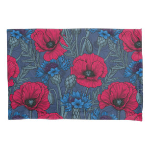 Housse D'oreillers Coquelicots rouges et fleurs bleues sur bleu