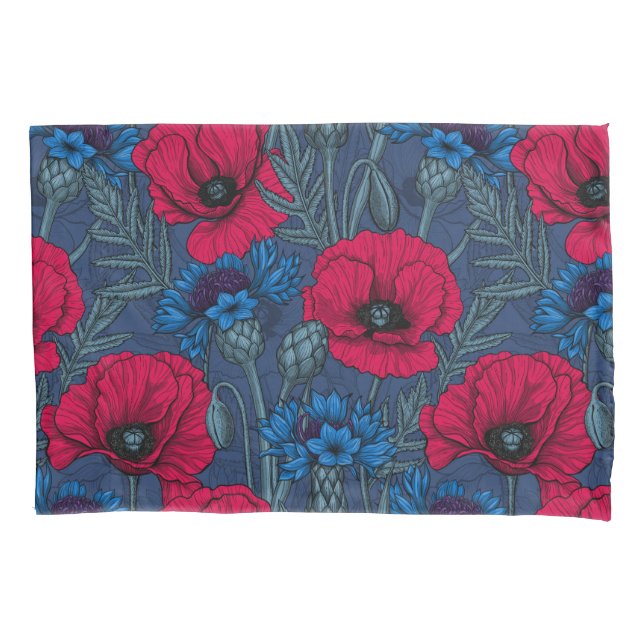 Housse D'oreillers Coquelicots rouges et fleurs bleues sur bleu (devant)