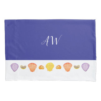 Housse D'oreillers Coquillages d'aquarelle Coquillage bleu avec Monog