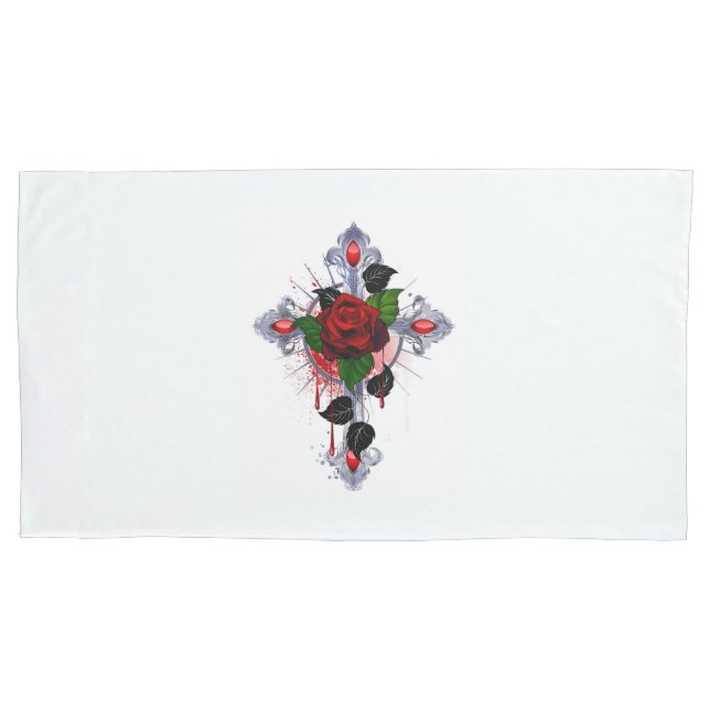 Housse D'oreillers Croix d'argent avec une rose rouge (devant-gauche)