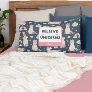 Housse D'oreillers Croyez en Unicorns Bleu et Rose fille Motif enfant