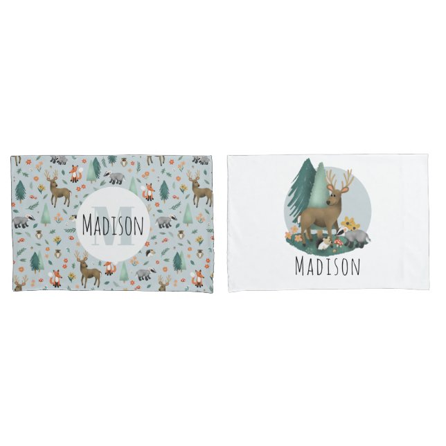 Housse D'oreillers Cute Bleu Whimsical Forêt Motif Enfants (devant-Set)
