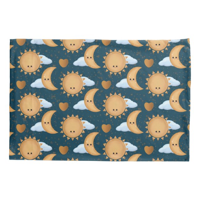 Housse D'oreillers Cute Kawaii Blue Gold Sun Moon Hearts (Dos)