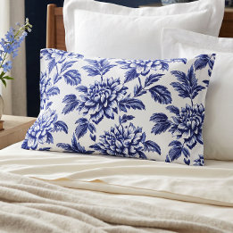 Housse D'oreillers Dahlia Fleurs Bleu et Blanc Toile de Jouy