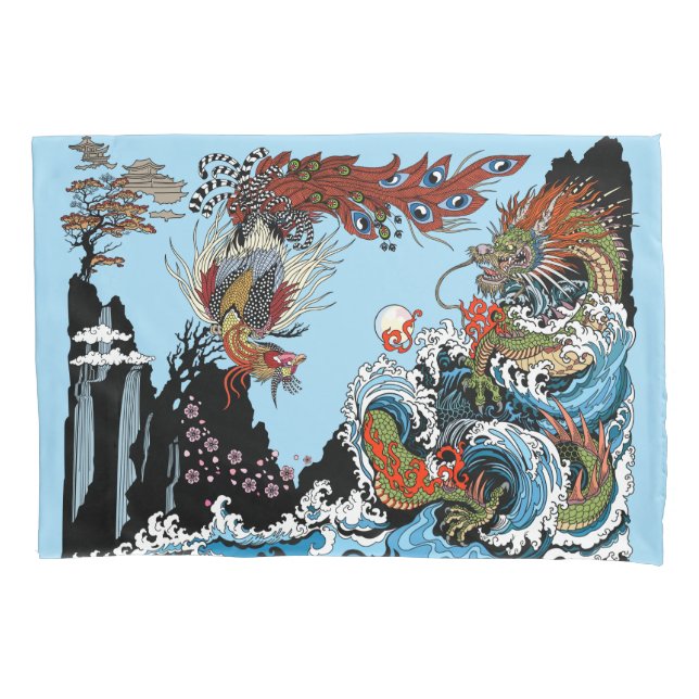 Housse D'oreillers Dragon vert et Feng Huang. Illustration (devant)