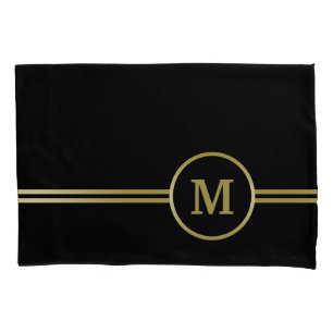 Housse D'oreillers Élégant or Monogramme personnalisé sur noir