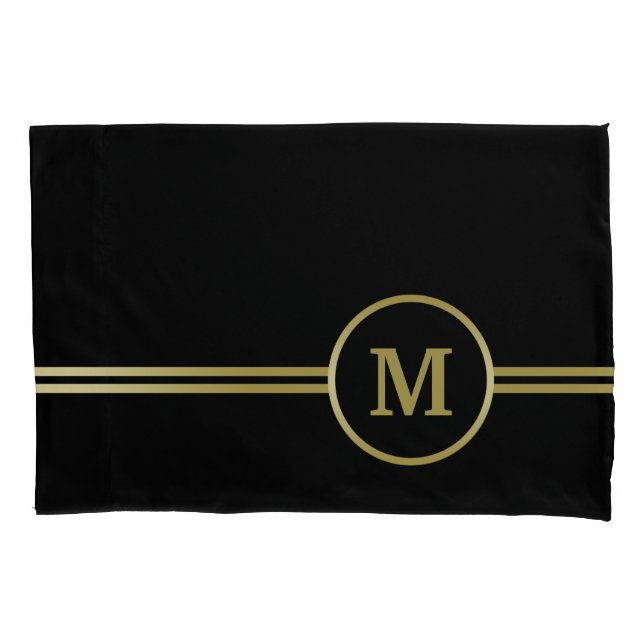 Housse D'oreillers Élégant or Monogramme personnalisé sur noir (devant)