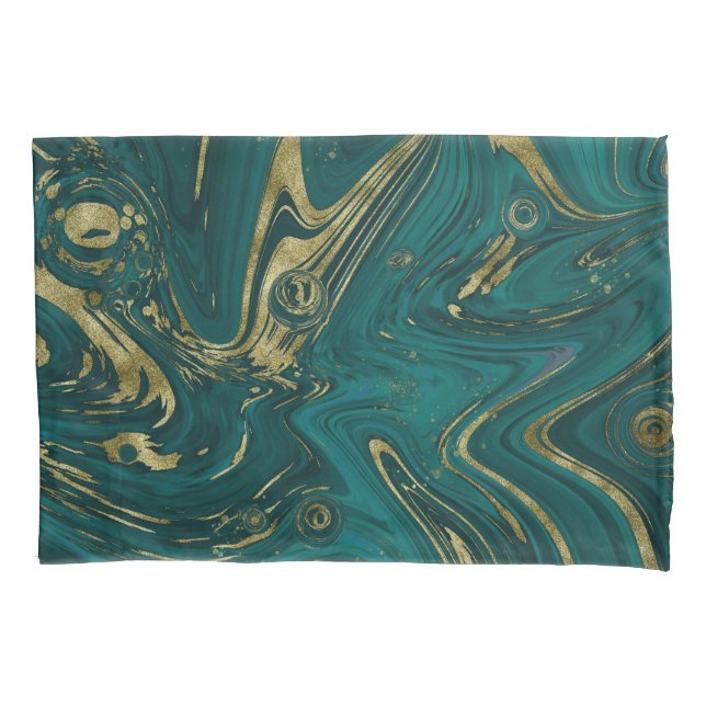 Housse D'oreillers Élégant Turquoise Vert & Or Marbre Swirl (devant)