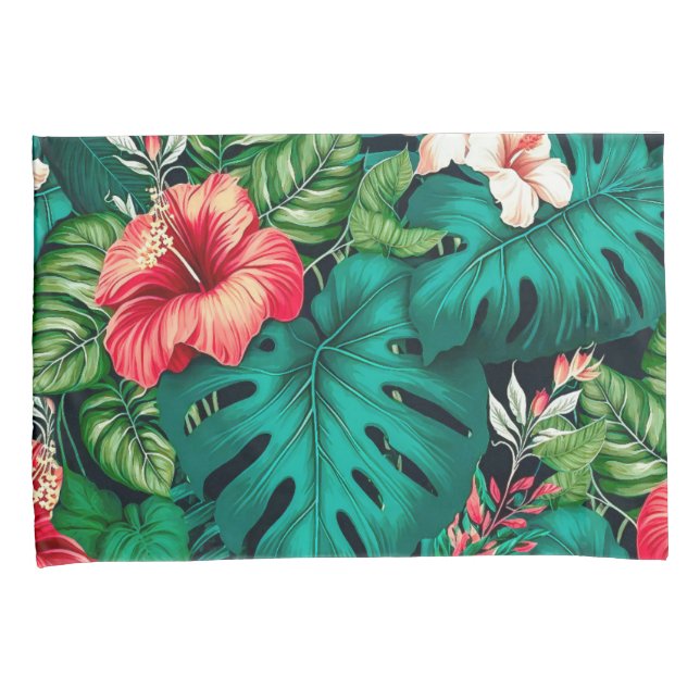 Housse D'oreillers Élégants Feuilles tropicaux et fleurs d'Hibiscus | (devant-Droit)