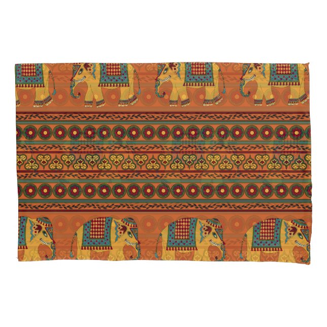 Housse D'oreillers Eléphants Indiens, Orange Traditionnel Sans Seamle (devant)