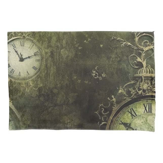 Housse D'oreillers Émeraude Green Rustic Steampunk Horloge (9) (devant-gauche)