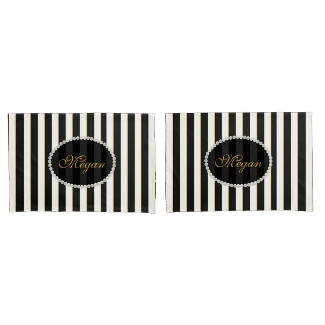 Housse D'oreillers Ensemble rayé noir élégant de cas de monogramme de (devant-Set)