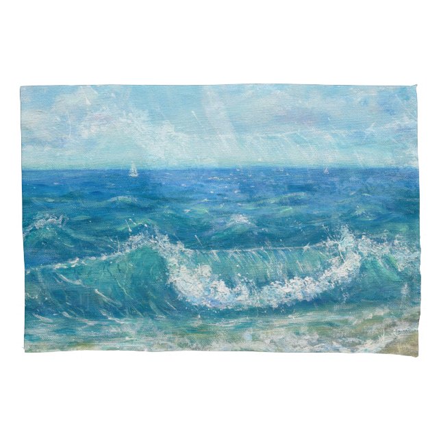 Housse D'oreillers Eté, vagues bleues, peinture acrylique. (devant)
