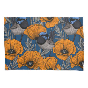 Housse D'oreillers Fairy wrens et orange poppy flowers