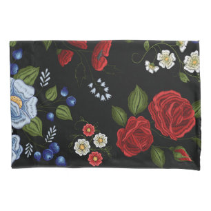 Housse D'oreillers Faux Fleurs Brodées Rouge & Bleu